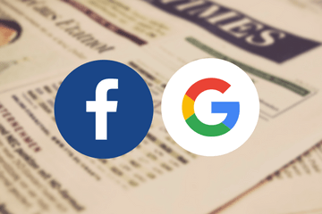 The logo of 'Facebook' and 'Google' laid across a blurred image of a newspaper