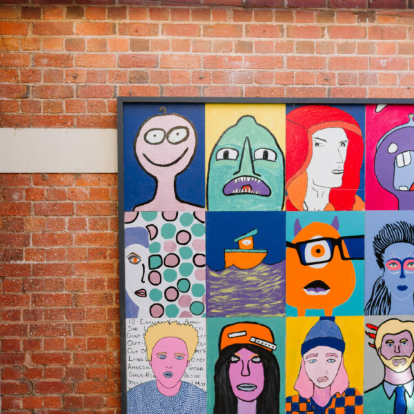 Student artwork in a school hallway