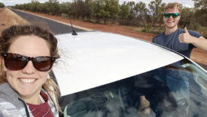 Driving across the outback. Candice and Josh stopped to grab this photo in Queensland on their way to Roxby.